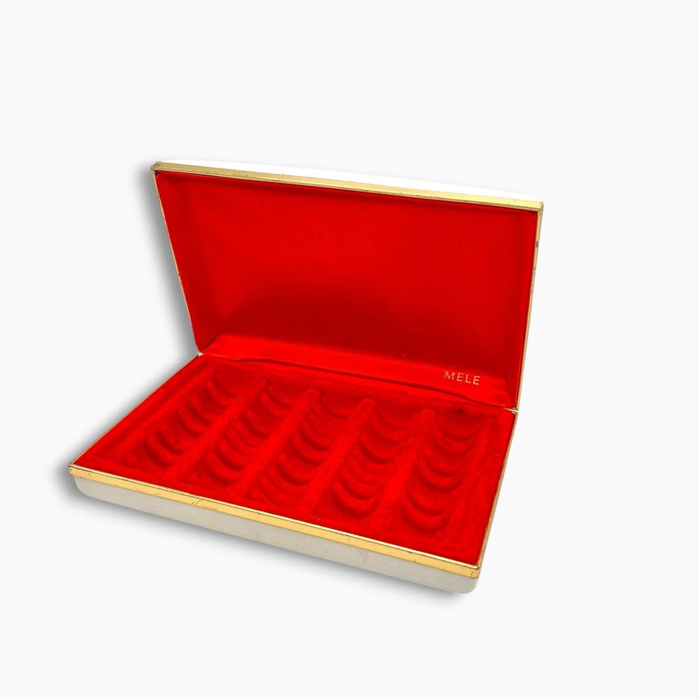 Vintage Mele White Faux Leather Ring Box Red Velvet Gold Jewelry Box
